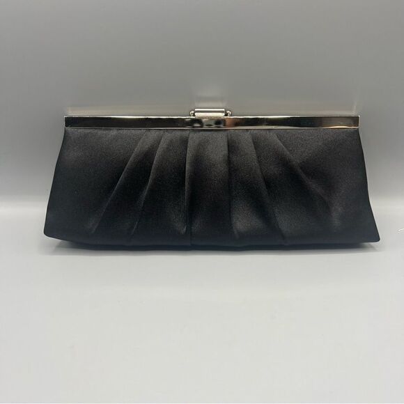 Jessica McClintock Satin Black Frame Clutch with Silver Shoulder Chain - Picture 3 of 7